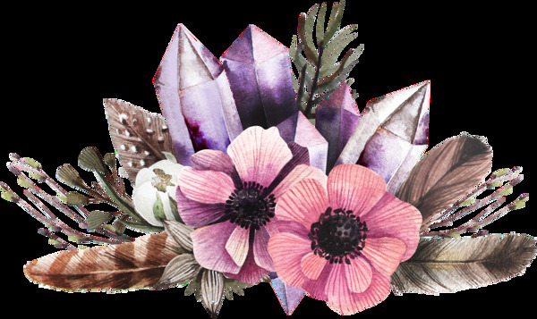 手绘两朵小花搭配羽毛紫水晶透明装饰图案