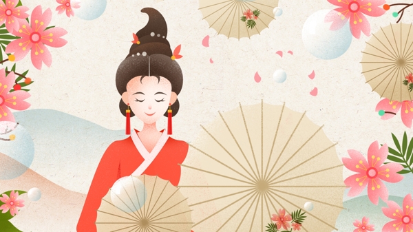 古典中国风古装女孩油纸伞唯美手绘插画