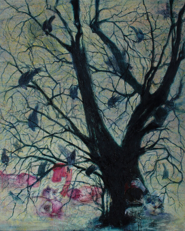 树木小鸟油画图片