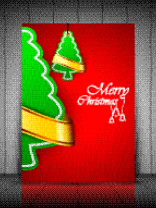 绿色的圣诞树在红色背景的金色彩带