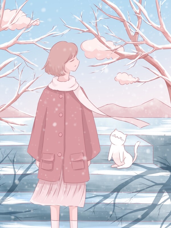 1月你好清新水彩插画小雪中的女孩和猫