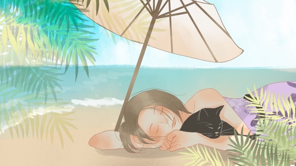 简约清新躺在沙滩上抱着黑猫的女孩