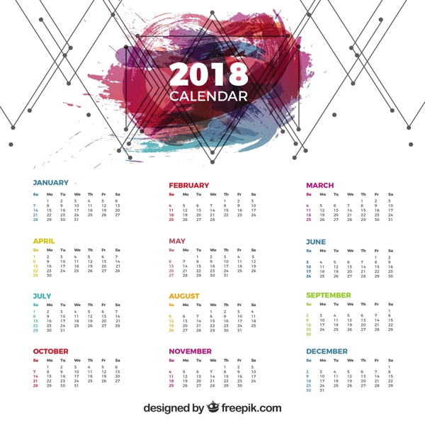 2018个带有几何线条和彩色污点的日历