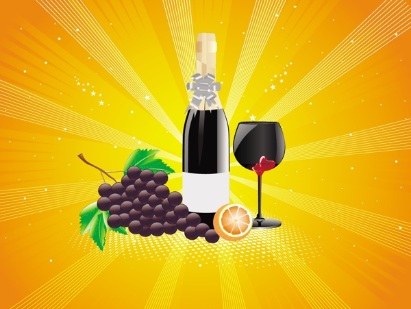 射线背景与水果和葡萄酒杯