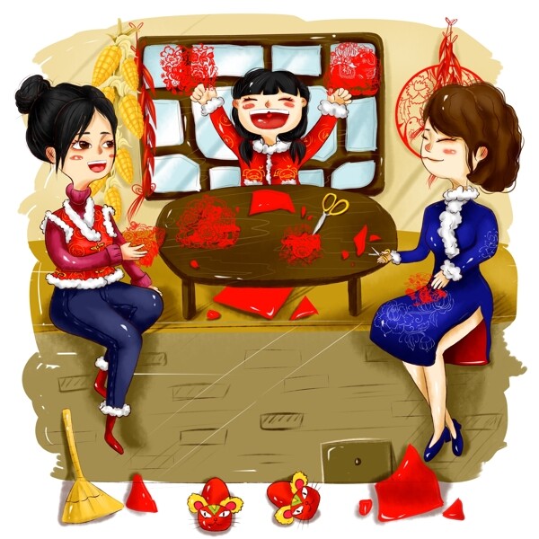 手绘阖家团圆剪窗花春节过年节日团圆场景