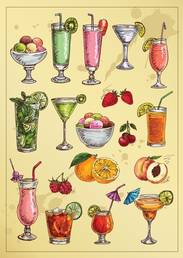 手绘水果和饮料插画