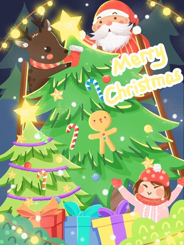 圣诞节之圣诞老人与小鹿一起装饰圣诞树