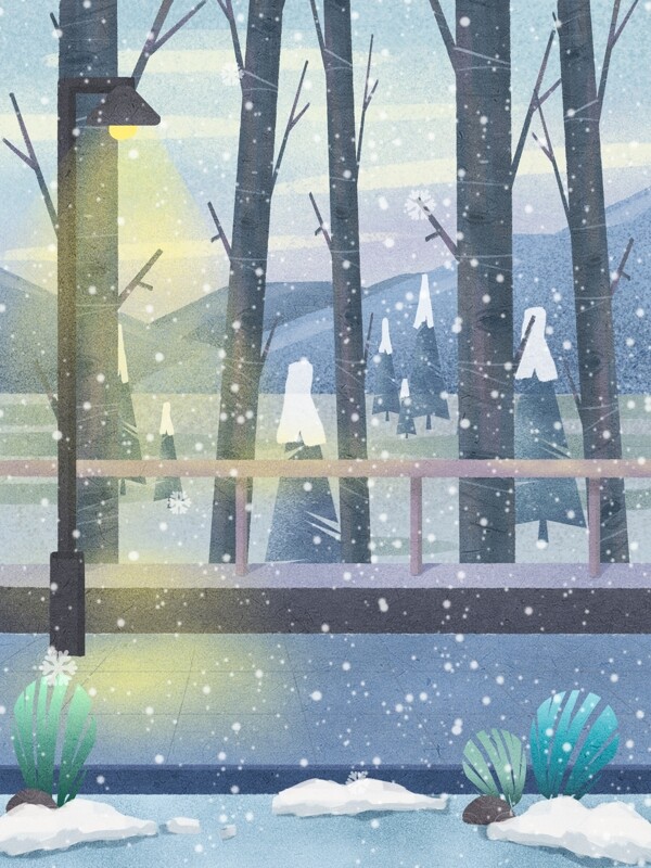 彩绘冬季树林雪景背景设计