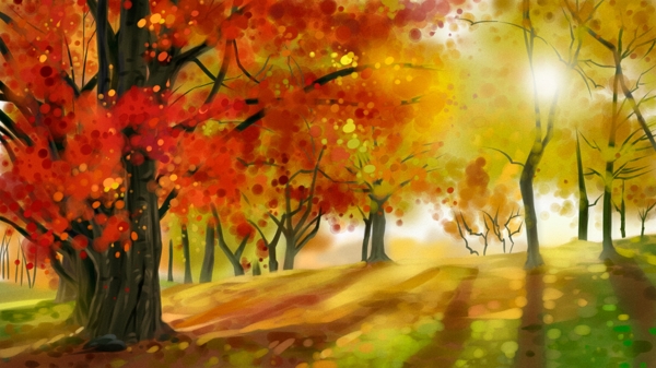手绘写实风景秋日森林和阳光