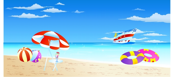 风景矢量素材梦幻线条海边沙滩天空太阳伞救生圈风景风光矢量素材AI格式