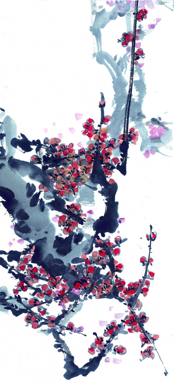 小鸟喜鹊油墨画花丛中华艺术绘画