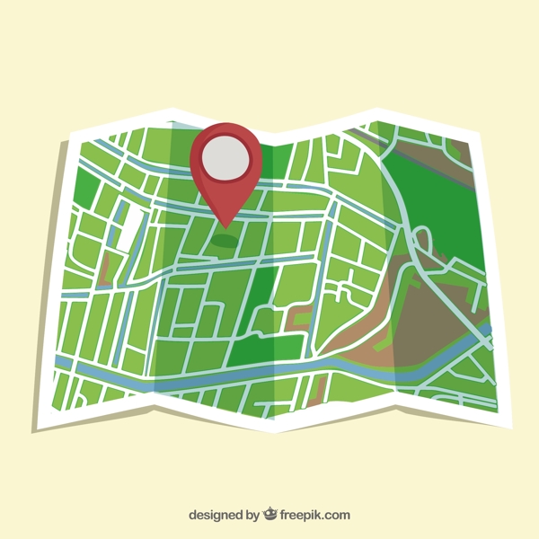 手绘折纸效果带红色导航图标街道地图