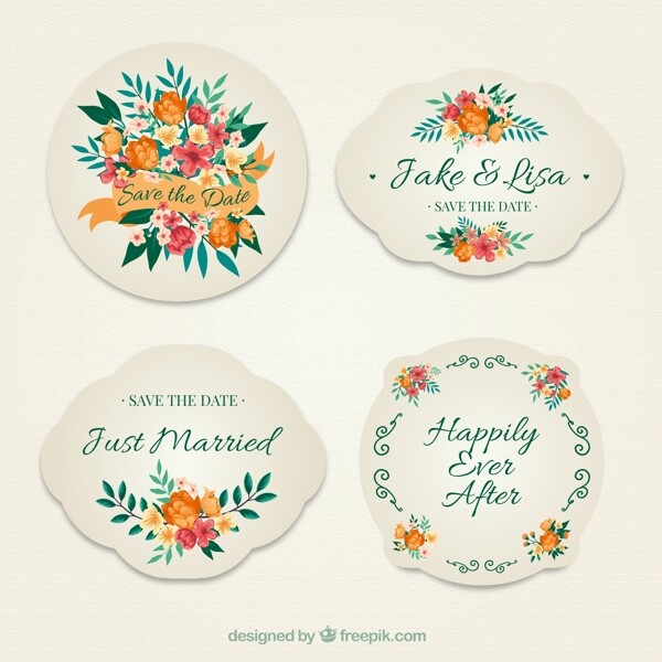 4款彩色花卉婚礼标签矢量素材