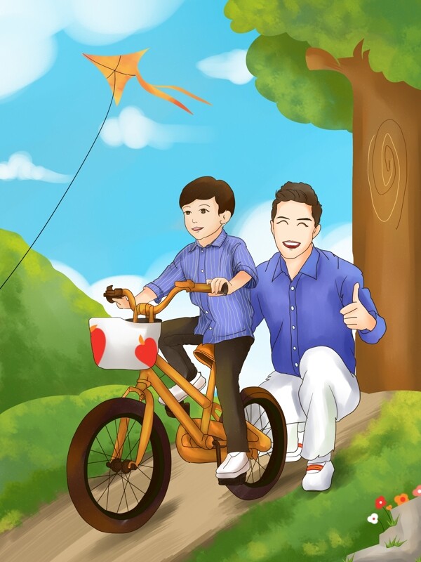 父亲节插画爸爸在郊外教儿子骑自行车