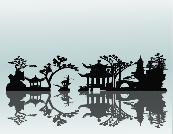 一款古典风格中国庭院剪影矢量素材