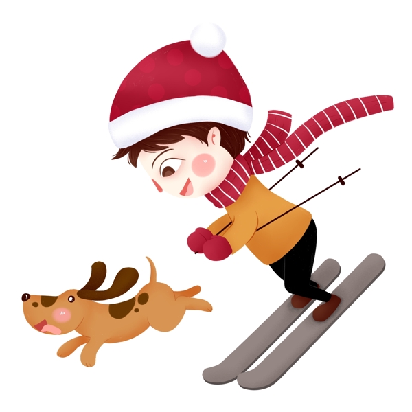 手绘卡通滑雪的男孩与小狗元素