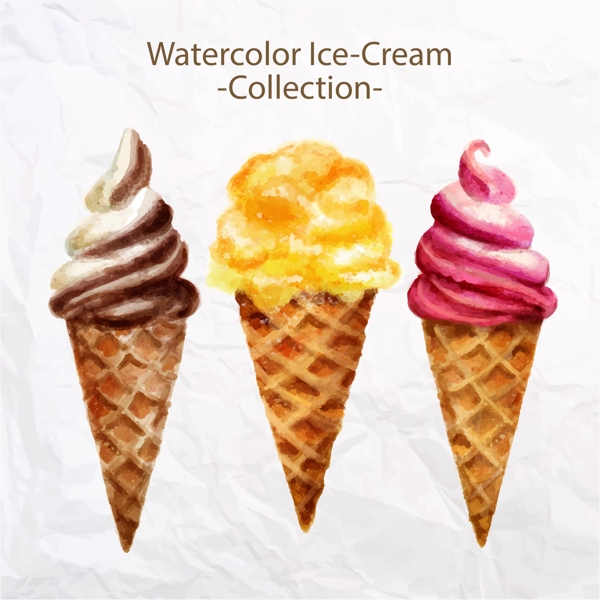 三款手绘水彩甜筒冰淇淋