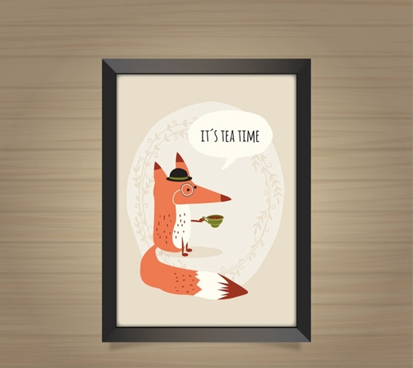 喝茶的狐狸挂画图片