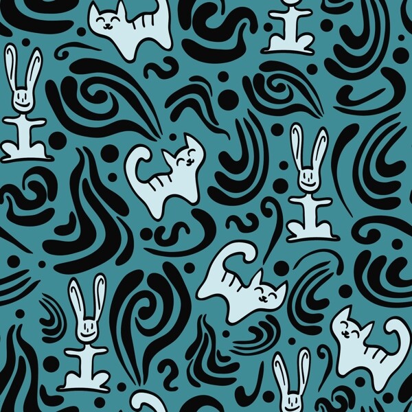 蓝色背景兔子和猫底纹图案