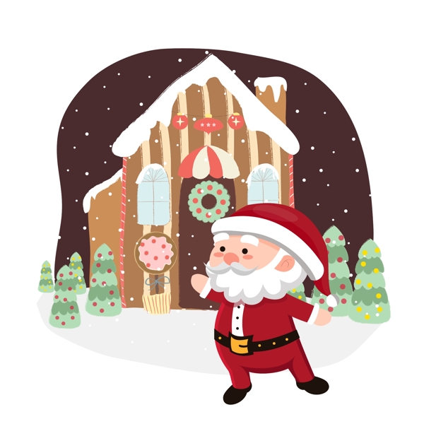 圣诞节冬季冬天手绘插画圣诞老人房子