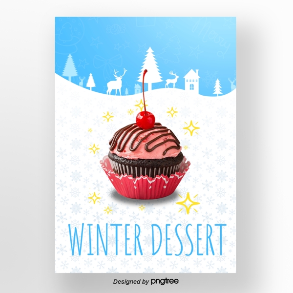 蓝色圣诞节雪花美丽樱桃蛋糕冬季甜味食品海报