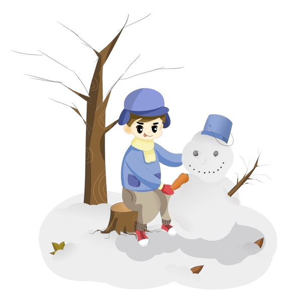 冬季堆雪人手绘卡通人物PNG素材