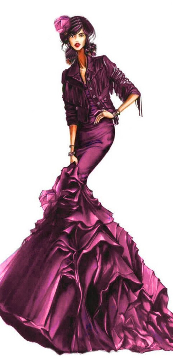 时尚艳丽深紫色礼服女装效果图