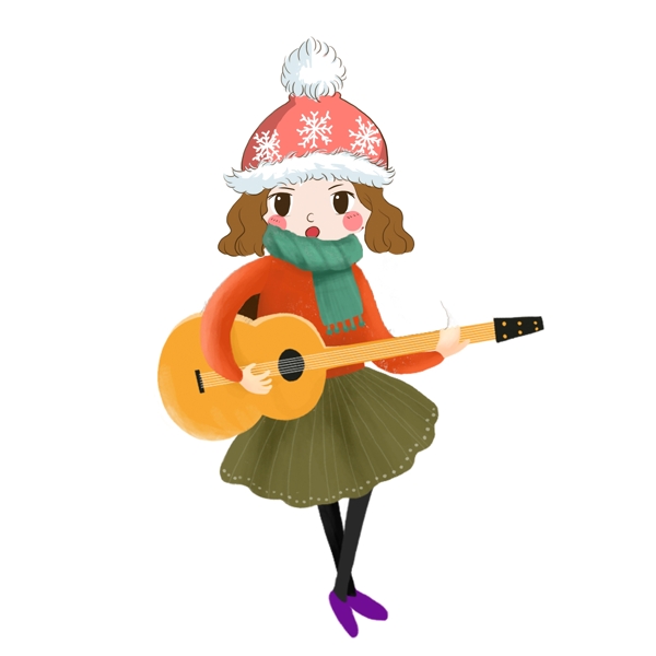 冬日大雪中弹吉他的女孩
