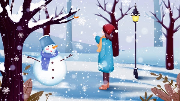 冬季小雪女孩公园内赏雪插画
