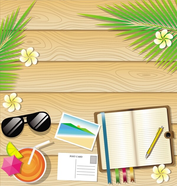 桌子上夏日度假沙滩椰树矢量素材