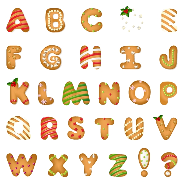 圣诞饼干字母和符号矢量图图片