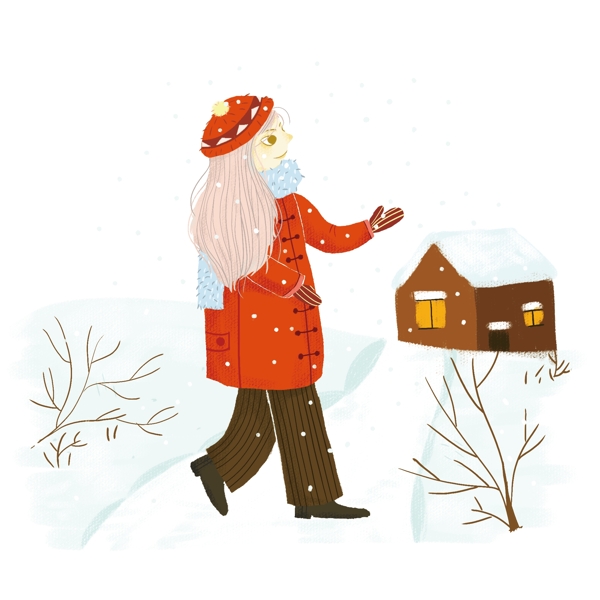 冬季冬天节气冬装卡通红大衣可爱美女插画