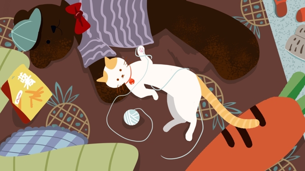 客厅里玩毛线团的白色小猫卡通背景
