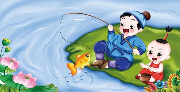卡通小孩钓鱼