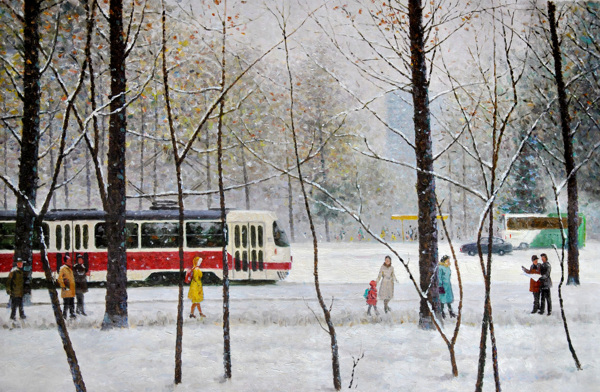 冬天雪景与电车图片