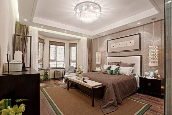 中式典雅卧室墨绿色边框地毯室内装修效果图