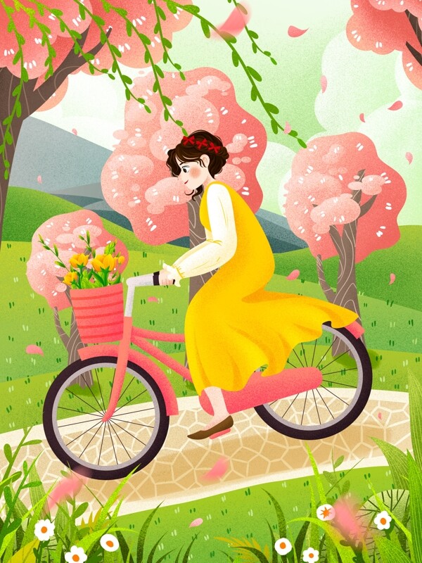 绿色环保出行骑自行车女孩小清新插画
