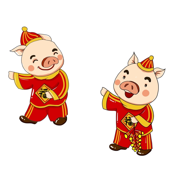 中国风喜庆拜年的两只小猪
