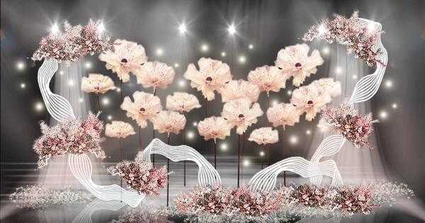 粉色大型花朵装饰流线型雕塑纱幔婚礼效果图