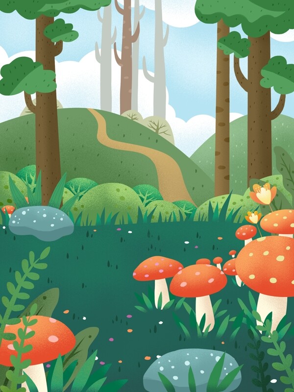 手绘春季树林蘑菇背景设计