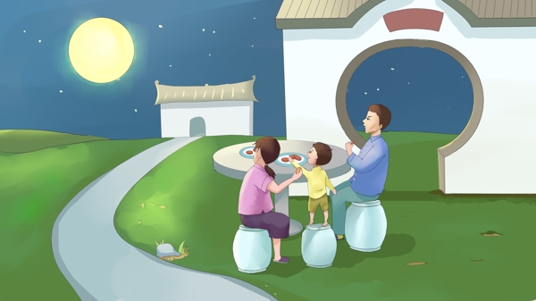简约清新中秋节一家人吃月饼赏月场景插画
