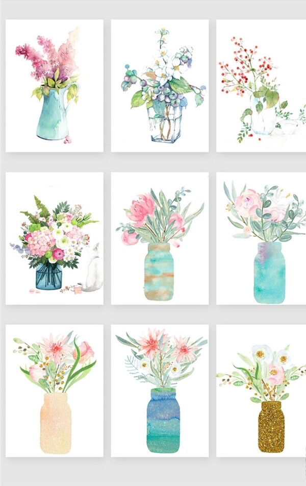 手绘水彩花卉花瓶素材
