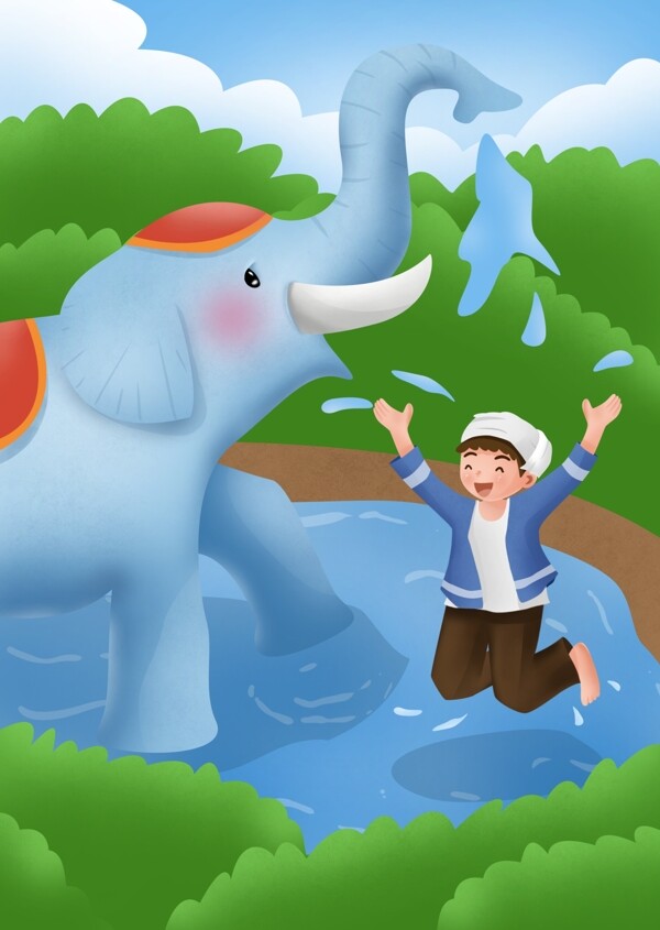 泼水节大象男孩泼水节卡通插画