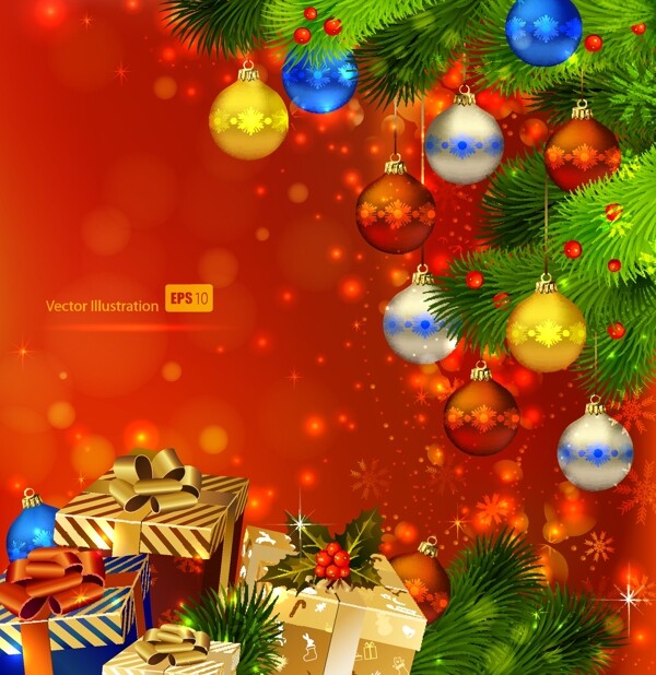圣诞礼盒圣诞球松树枝背景图片