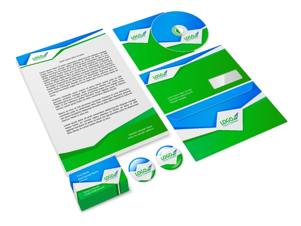 绿色和蓝色抽象商业公司风格的文具样品为公司身份孤立的矢量插图