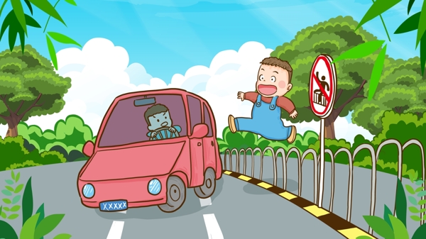 安全出行文明交通禁止跨栏过马路手绘插画