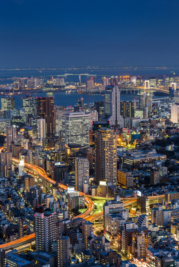 夜晚的海边城市和公路