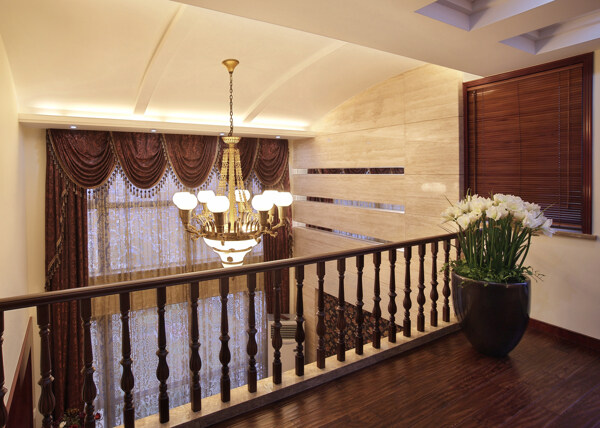 美式别墅客厅楼梯间装修效果图