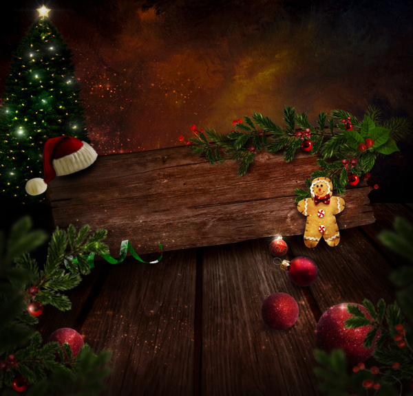 圣诞树与木板背景图片