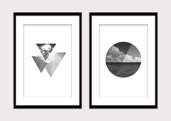黑白几何圆形三角形风景双拼现代装饰画